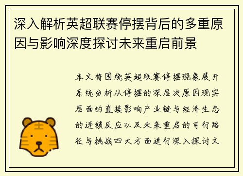 深入解析英超联赛停摆背后的多重原因与影响深度探讨未来重启前景